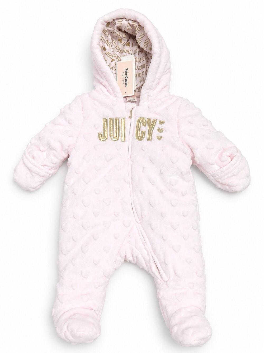 NWT Juicy Couture Baby Girls Pink Plush Hooded Bunting Snowsuit 0-3M
